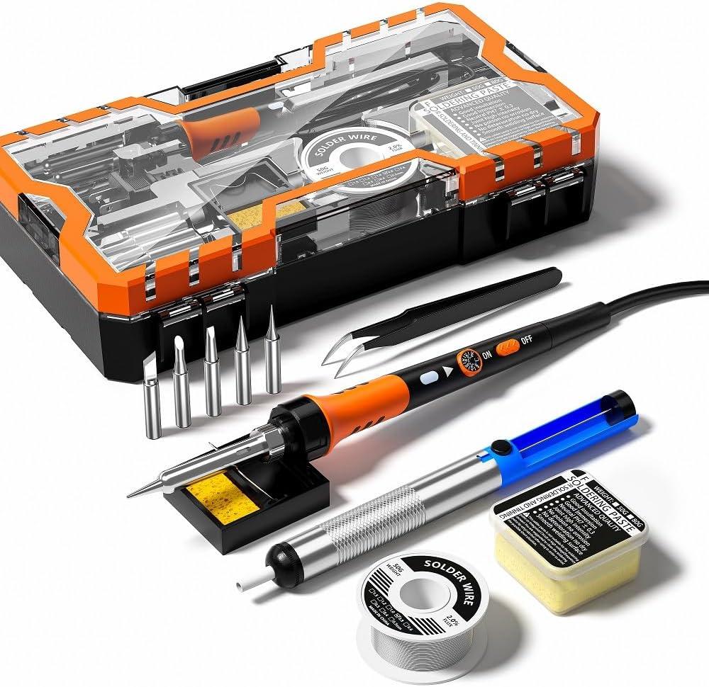 Soldering Iron Premium Kit, 60 W Soldering Gun with Ceramic Heating, 12-in-1 Soldering Iron Kit Tool, Adjustable Temperature 200 to 450 °C, Soldering Iron Tip, Soldering Wire, Soldering Pump