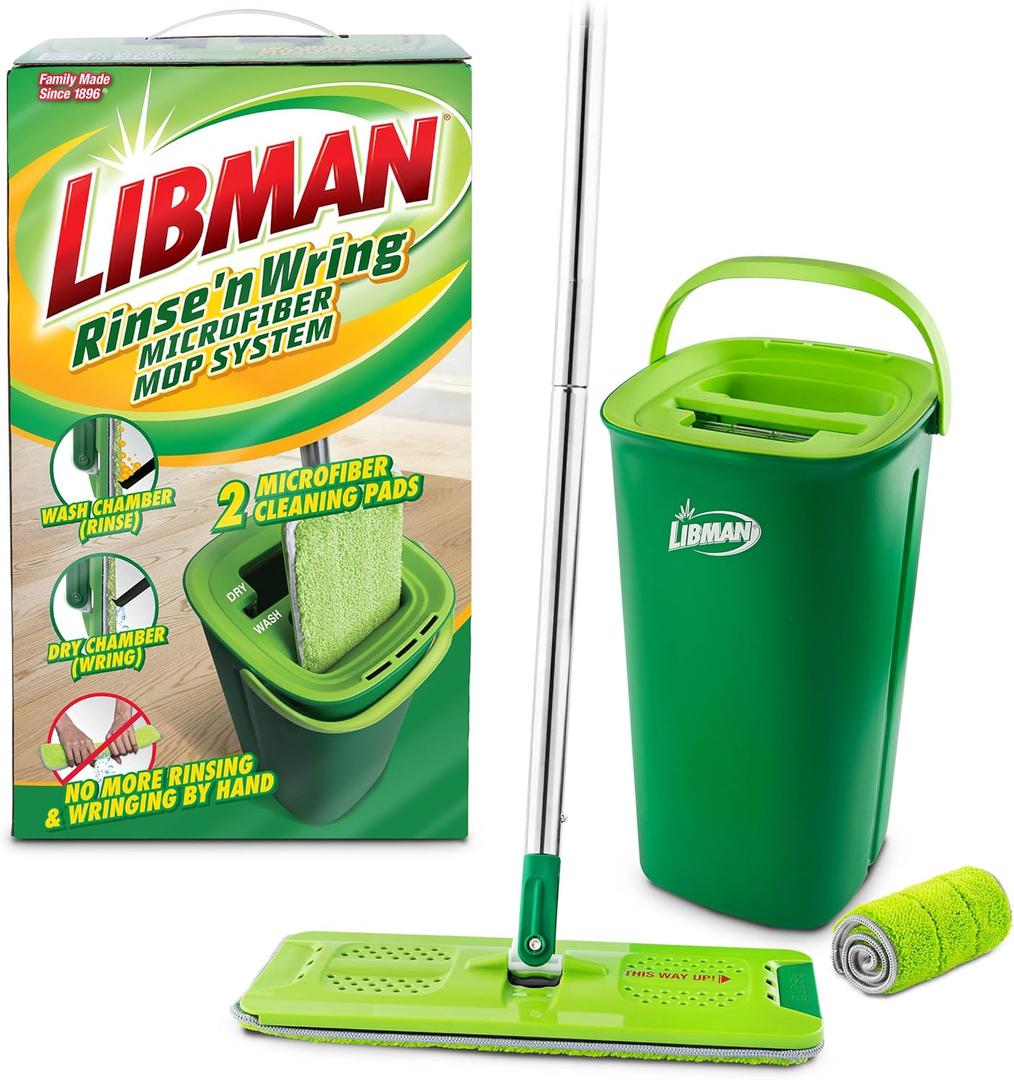 Libman Rinse 'n Wring Mop and Bucket System, Microfiber Dry Wet Mop for Floor Cleaning, Hardwood, Laminate, Tile Cleaner, Dual Chamber Bucket Design, 2 Total Refill Replacement Head Pads