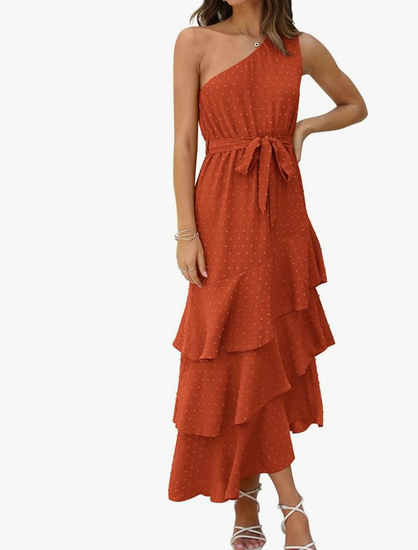 PRETTYGARDEN Women's Summer Floral Sundress Casual One Shoulder Tiered Ruffle Flowy Midi Beach Boho Dresses. Size Medium