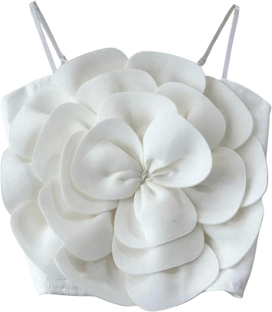 GORGLITTER Women's Flower Backless Summer Going Out Crop Tops Trendy Y2K Boho Sleeveless Cute Vacation Dressy Tube Top (White, L)