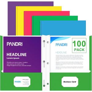 Two Pocket Folders, PANDRI 100 Pack Two Pocket Folders with Prongs, Designed for Office and Classroom, Assorted 5 Colors 2 Pocket 3 Prong Folders
