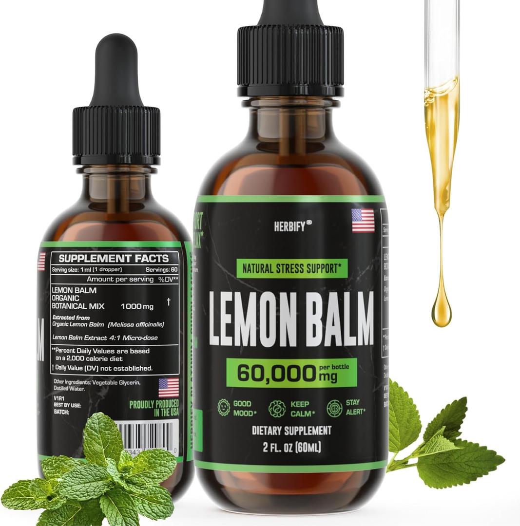 HERBIFY Lemon Balm Tincture - Melissa Officinalis Leaf Liquid Extract - Brain Support and Mood Boost - Lemon Balm Drops for Immune & Cognitive Support - 2 Fl oz