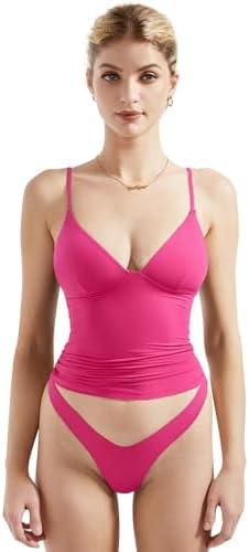 SUUKSESS Women Sexy Deep V Neck Sleeveless Fitted Basic Tops Y2K Tank Top Cami M, Pink