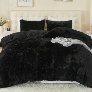 EMME Luxury Fuzzy Duvet Cover Set King Size Fluffy Comforter Cover Set for King Bed 2 Pieces Shaggy and Plush Soft Bedding Duvet Covers (Black, King)