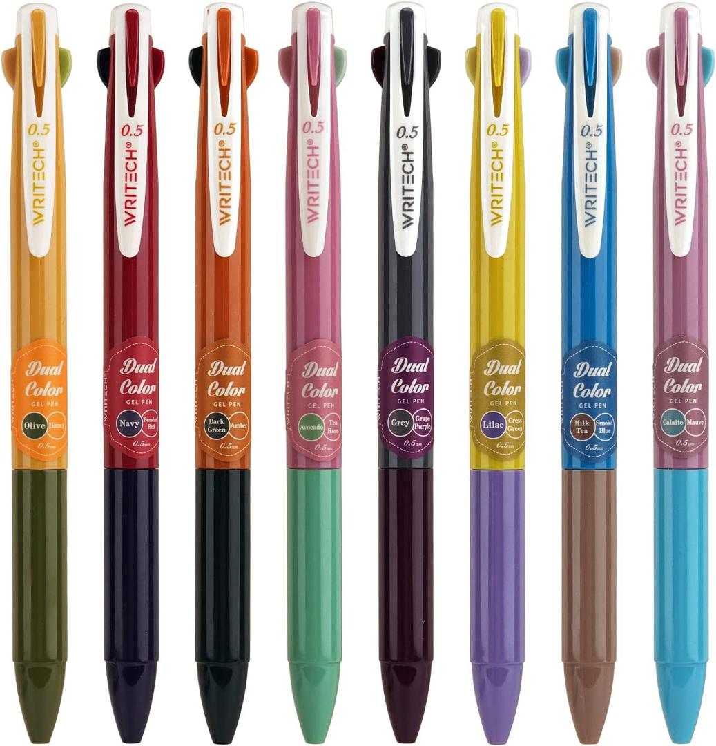 WRITECH Retractable Gel Ink Pens: Multi Colored 2 in 1 Colorful Click Pen Assorted Color 8ct Extra Fine Point Tip 0.5mm Journaling Smooth Writing Note Taking Coloring No Bleed & Smear Smudge