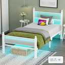 Twin Bed Frames with Headboard and Footboard,White Metal Platform Bed Frame with RGB LED Lights and USB Charging Station,Under Bed Storage,No Box Spring Needed,Suitable for Bedrooms, TWIN SIZE