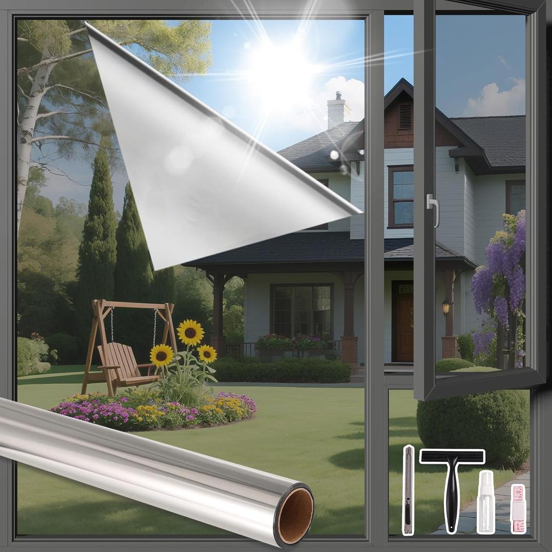 Finnez One Way Window Privacy Film – See Out Not in Daytime Mirror Tint, Heat Blocking Anti UV, Static Cling Removable, Silver, 29.5 x 157.4 Inch