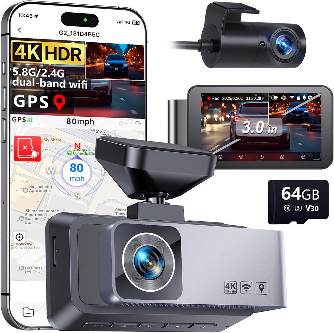 Dash Cam Front and Rear, 4K HDR Dash Camera for Cars, 3" IPS Screen Dash Cam Built-in GPS with 5.8G WiFi UHD Night Vision Free 64G Card, Parking Monitor, G-Sensor