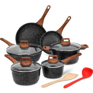 ESLITE LIFE Nonstick Cookware Sets, 12 Pcs Granite Coating Pots and Pans Set Kitchen Cooking Set, Compatible with All Stovetops (Gas, Electric & Induction), PFOA Free, Black
