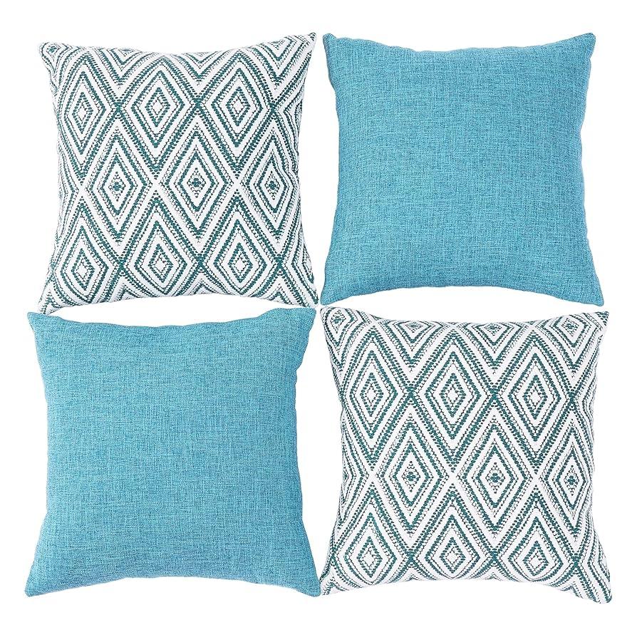HPUK Decorative Throw Pillow Covers Set of 4 Geometric Design Linen Cushion Cover for Couch Sofa Living Room, 18"x18" inches, Aqua Blue
