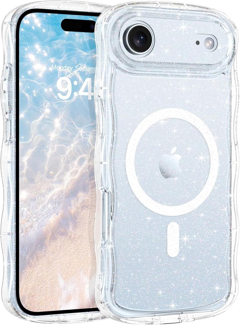 BENTOBEN Magnetic for iPhone Air Case,Clear Crystal Glitter [Curly Wave Edge] [Compatible with MagSafe] Slim Sparkly Shockproof Cute Women Girl Protective Case for iPhone Air 6.5",Glitter Clear