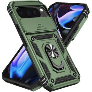 SunStory Compatible with Google Pixel 10/9 Pro XL Case with HD Screen Protector & Slide Camera Cover & Rotated Ring Kickstand, [Military-Grade] Case for Pixel 9/10 Pro XL, ArmyGreen