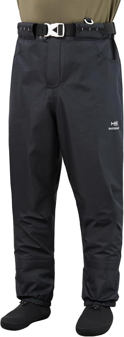 BASSDASH Mens Breathable Wading Pants Waist Waders with Pockets Waterproof Fly Fishing Stocking Foot Lightweight FW09 (Black, X-Large, Stocking Foot 11-12)