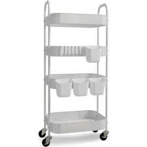 4-Tier Metal Rolling Cart with Wheels, Storage Utility Organizer Cart for Kitchen, Bathroom, Office, Baby Essentials & Makeup - Lockable Casters, Easy Assembly, Large Capacity, White