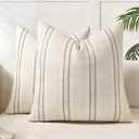 AELS 16x16 Decorative Farmhouse Linen Blend Throw Pillow Covers, Boho Textured Pillow Case, Set of 2, Beige with White & Gray Stitch Yarn Dyed Stripe Cushion Cover for Sofa Living Room (Cover ONLY)
