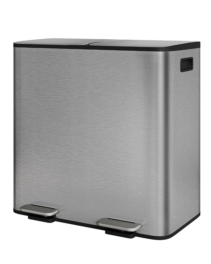 GarveeHome 2 x 10.6 gal Stainless Steel Double Trash Can with Lid for Kitchen, Large Dual Trash and Recycle Bin Combo, Step-on Kitchen Metal Garbage Cans, PP Inner Buckets, Liner Rim, Matte Grey