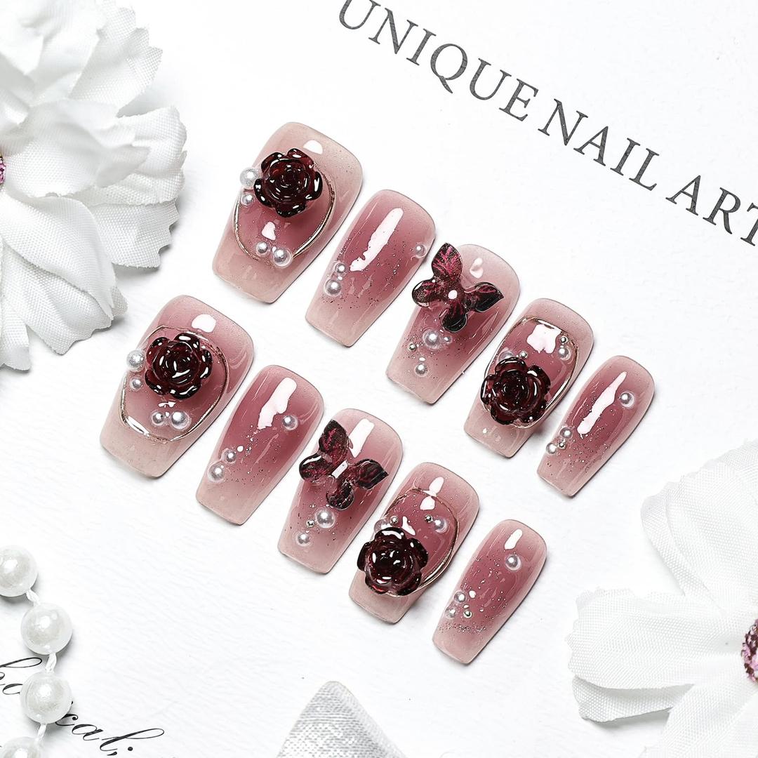 JODSONE Press on Nails 3D Handmade Square Crimson with Flower Knot Rhinestone Fake Nail Tips - Medium