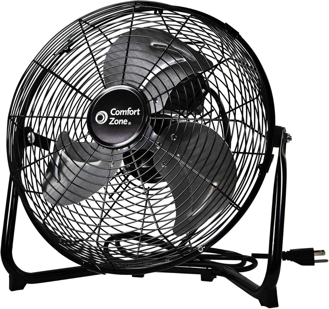 Comfort Zone Cradle Floor Fan, 12 inch, 3 Speed, High Velocity, 180 Degree Adjustable Tilt, All-Metal, Carry Handle, Rubber Feet, Airflow 15.42 ft/sec, Ideal for Home, Bedroom & Office, CZHV12B
