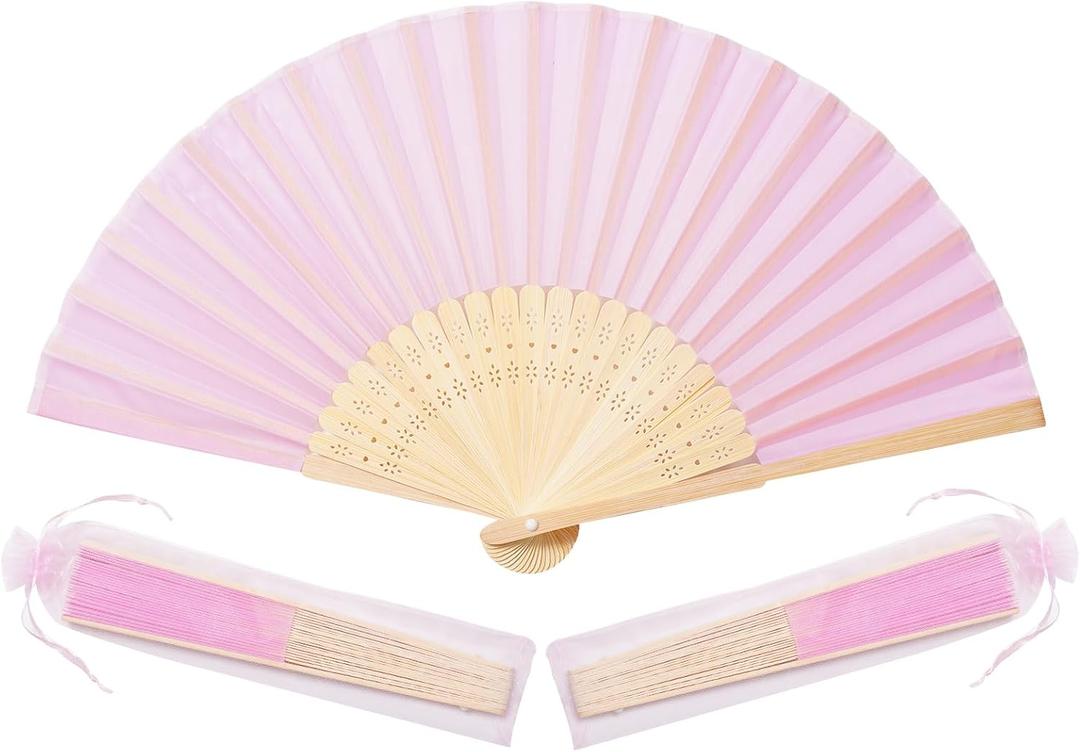 Sepwedd 50pcs pink Imitated Silk Fabric Bamboo Folded Hand Fan Bridal Dancing Props Church Wedding party favors with Organza Bags