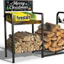 YIYYZI Firewood Rack, 35 in Decorative Firewood Storage Log Rack with Christmas Pattern, Solid Iron Indoor Outdoor Firewood Holder for Fireplace Wood Storage with 3 Fire Tools Hanging Hooks, Black