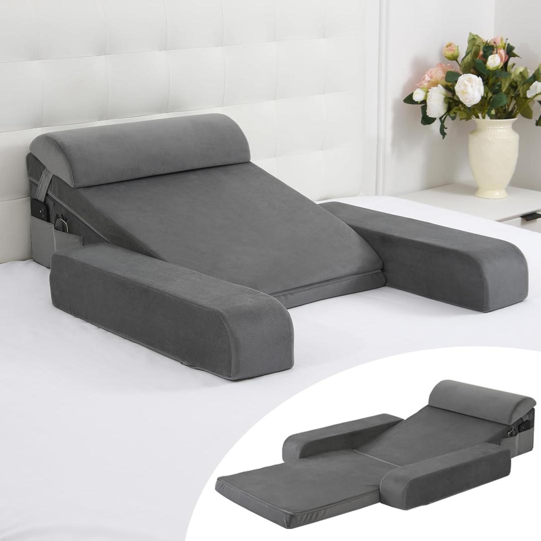 Adjustable Wedge Pillow with Armrests and Headrest  Zoned Firmness Solid Foam Bed Wedge for Sleep Apnea, Acid Reflux, Post-Surgery, Back & Neck Pain Relief  Removable Cover & Side Pockets