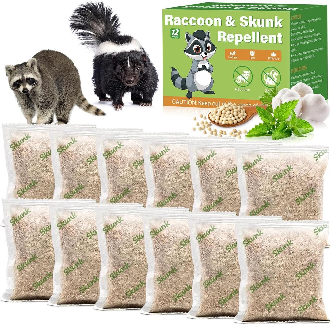 12 Pack Peppermint Skunk Repellent Pouches, Natural Raccoon Repellent Pouch Keep Skunks Out from Outdoor Yard Attic Garden House, Long-Lasting Protection, Safe for Dogs and Children