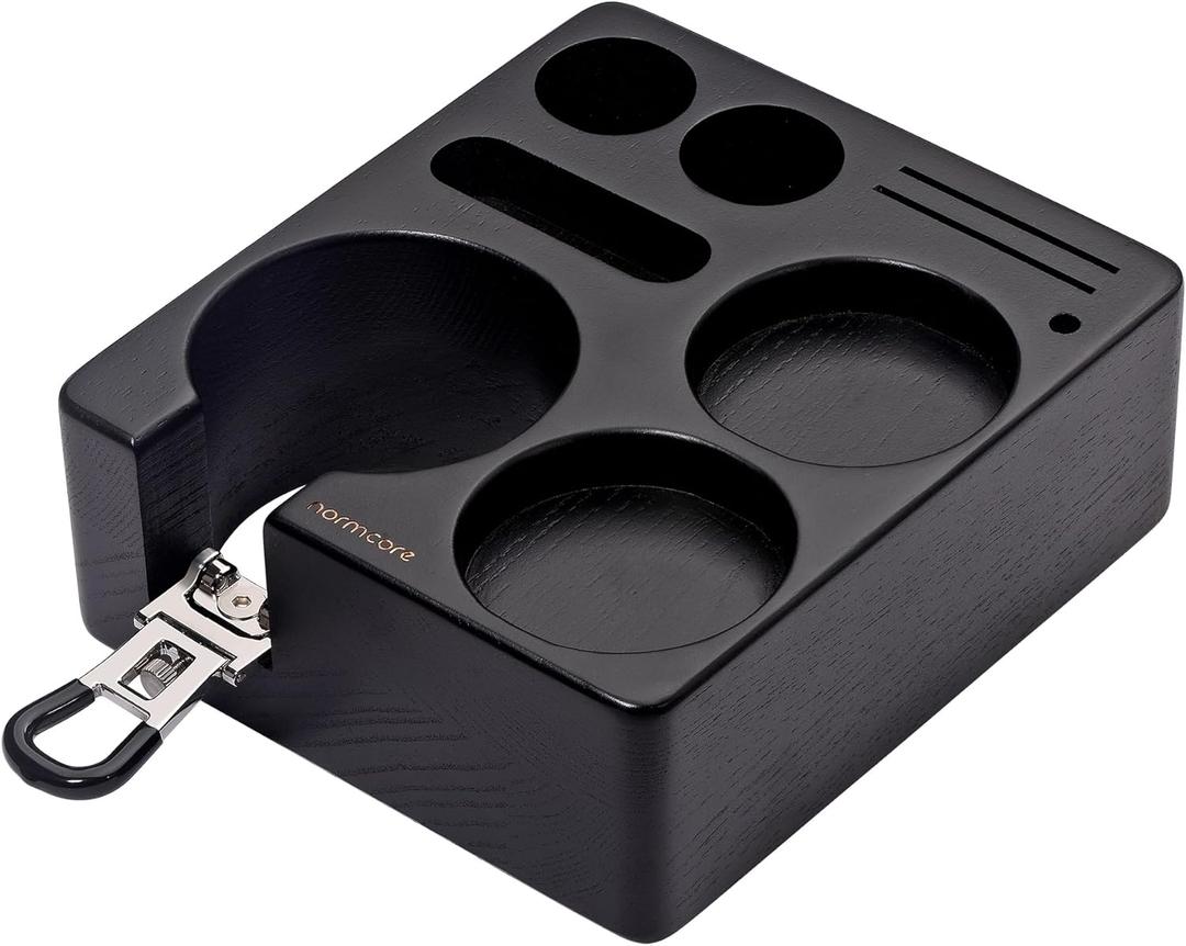 Normcore Espresso Tamping Station, Genuine American Black Ashwood, Coffee Tamper, Distributor, WDT, Puck Screen, Portafilter Holder Stand, Solid Black Ashwood for 58mm Espresso Machine Accessories