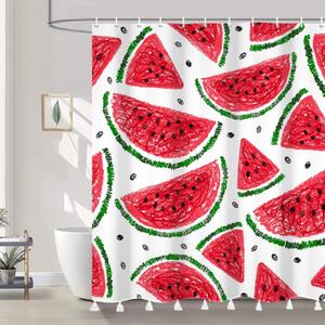 AOFOTO Watermelon Pattern Printed Shower Curtain with White Tassel Cartoon Red Watermelon Summer Theme Shower Curtains for Bathroom Waterproof Fabric Bath Curtain Kid's Bedroom Decoration 70x84 Inches
