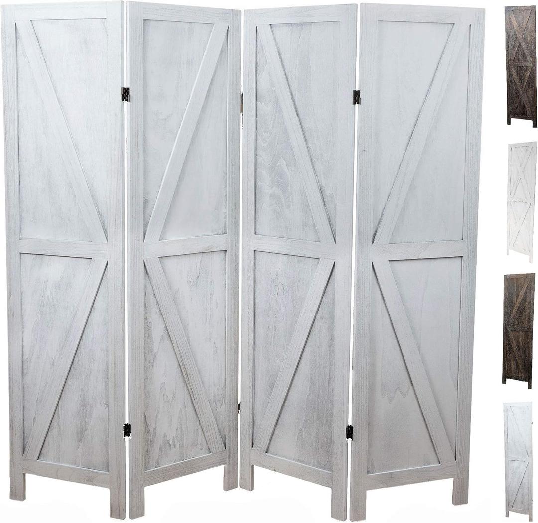 Premium Home 4-Panel Room Divider  Rustic White Barn Door, K Pattern Folding Privacy Screen, Partition Wall