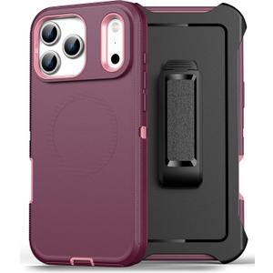 Magnetic Case for iPhone 17 Pro Max with blet Clip Holster,[2X Screen Protector] [Military-Grade Protection], Heavy Duty Case for iPhone 17 Pro Max 6.9 Inchs,Red-Pink