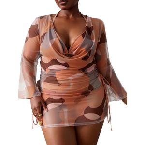 WODECASA Women's Plus Size 3 Piece Swimsuits Halter Triangle Bikini Set with Drawstring Semi Sheer Cover Up Bathing Suit, Orange Flower XL