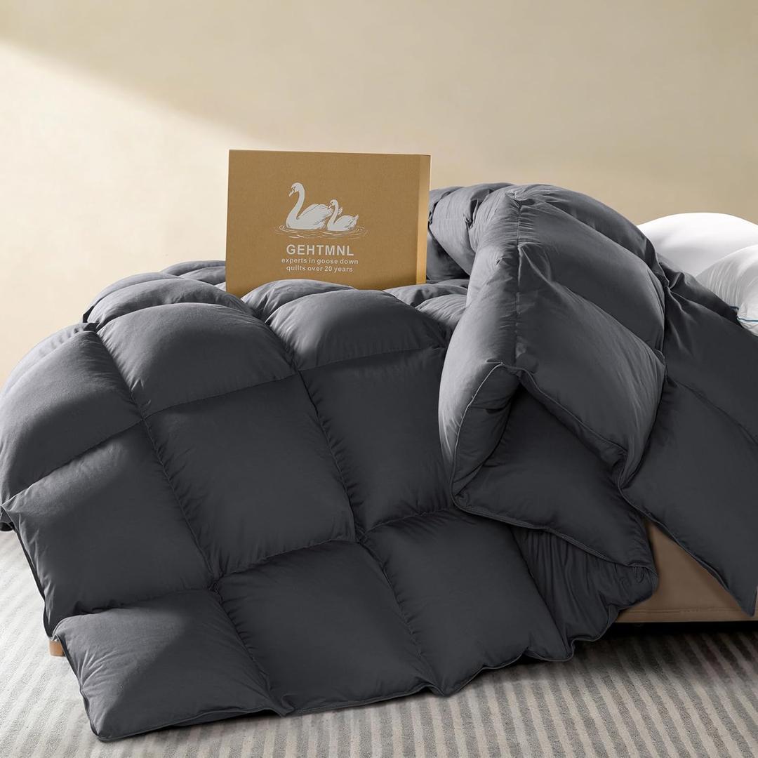 Goose Down Fiber Comforter King Size All Season Naturally Breathable Down Comforters, Luxury Hotel Collection Duvet Insert with 8 Corner Tabs, Cotton Fabric & Baffle Box (Dark Gray,65oz)