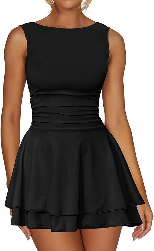 Women's Sleeveless Ruched Waist Tiered Flowy Ruffle Hem Mini Party Club Short Dresses, Size XL