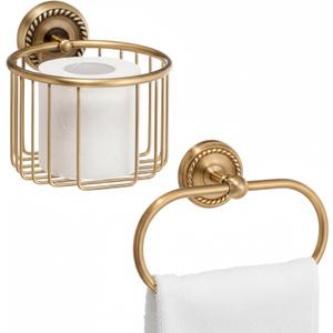 Lounsweer 2 Pcs Antique Brass Toilet Paper Holder, Brass Towel Ring Gold Bathroom Accessories Set Wall Mount Vintage Gold Tissue Roll Holder for Washroom Storage
