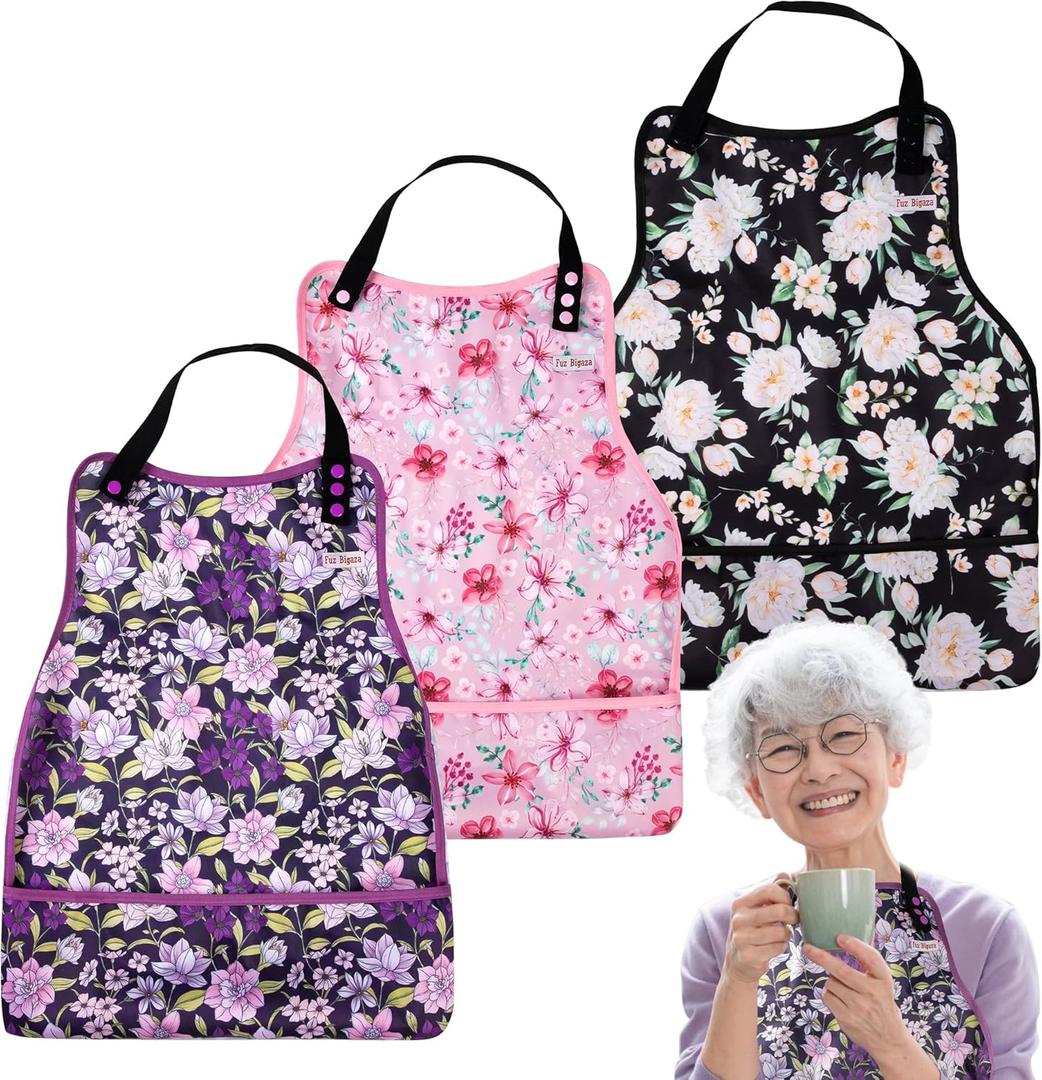 3 Pack Adult Bibs Washable Clothing Protector with Crumb Catcher, Adjustable Reusable Waterproof Large Feeding Adult Bib (Floral)