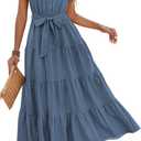 dowerme Women's Summer Casual Dresses 2026 Cap Ruffle Sleeve V Neck Button Belted Tiered Boho Maxi Dress with Pockets XL
