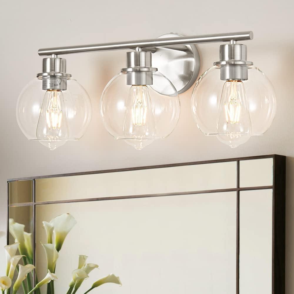 Bathroom Light Fixtures Over Mirror 3-Lights Bathroom Vanity Light with Clear Globe Glass Shade 22 inch Modern Brushed Nickel Vanity Lights Wall Sconce Lighting for Bath