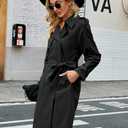 Makkrom Women's Double Breasted Long Trench Coat Windproof Classic Lapel Slim Overcoat with Belt (Black, L)