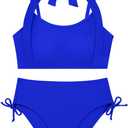 9-16Y Teens Girls Bikini Sets 2 Piece Halterneck Swimsuit Adjustable Straps Bathing Suits Swimwear with Drawstring (9-10 Years, Royal Blue)
