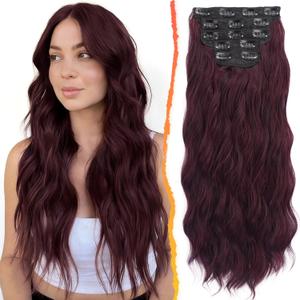 BARSDAR Dark Burgundy Wavy Clip in Hair Extensions - 20 Inch Long Wavy Clip in Hair Extensions for Women, 5 PCS Soft Synthetic Natural Looking Burgundy Red Hairpieces Easy Wear Daily Party