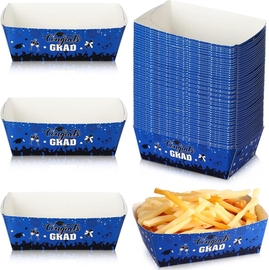 Chuangdi 50 Pcs Graduation Snack Trays Disposable Food Holder Congrats Grad Paper Food Trays Wedding Popcorn Tray Birthday Party Supplies for Graduation Party Supplies Decoration Platter (Blue)
