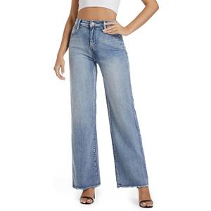 Guaile Women's Wide Leg Jeans High Waisted Strechy Jeans for Women Straight Raw Hem Loose Casual Denim Blue Size 12 Short