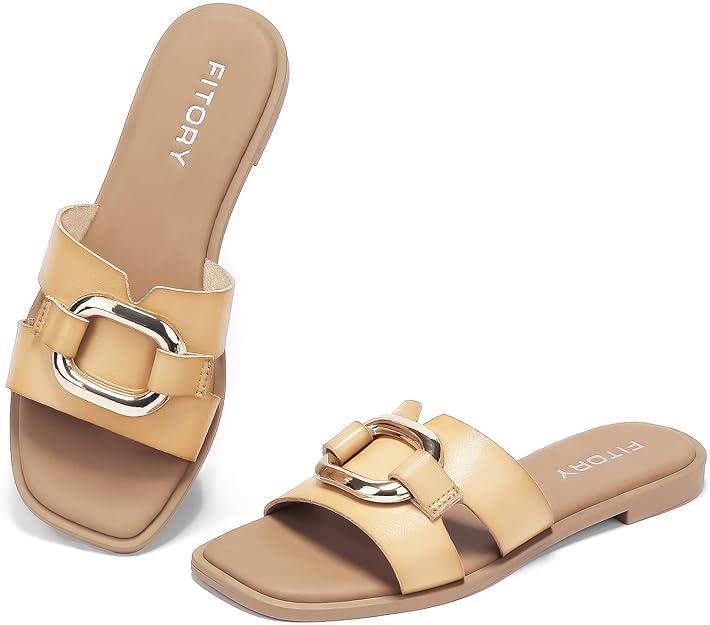 FITORY Women's Flat Sandals Fashion Square Open Toe Slides With Metal Chain Slippers for Summer Size 10