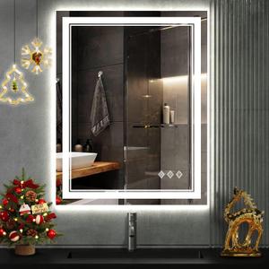LED Bathroom Mirror, 24x32 Inch Gradient Front and Backlit LED Mirror for Bathroom, 3 Colors Dimmable CRI>90 Double Lights, IP54 Enhanced Anti-Fog, Hanging Plates Vanity Mirror with Lights