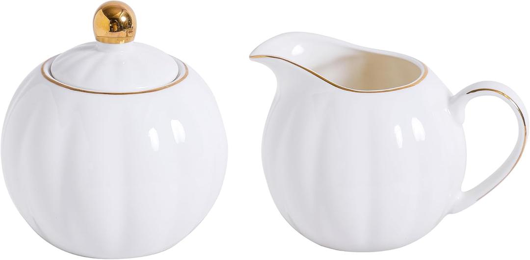White and Gold Porcelain Sugar Bowl and Creamer Set - 12oz Lidded Sugar Pot & 10oz Milk Jug with gold rim, Elegant Tea and Coffee Accessories, Table Decor and Gift