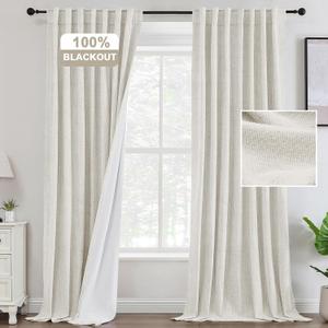 Ivory White Linen Blackout Curtains 96 Inch Long Chenille Linen Thick Total Black Out Curtain for for Living Room Bedroom Thermal Insulated Drapes Modern Farmhouse Shabby Chic,52"W x 96"L, Ivory