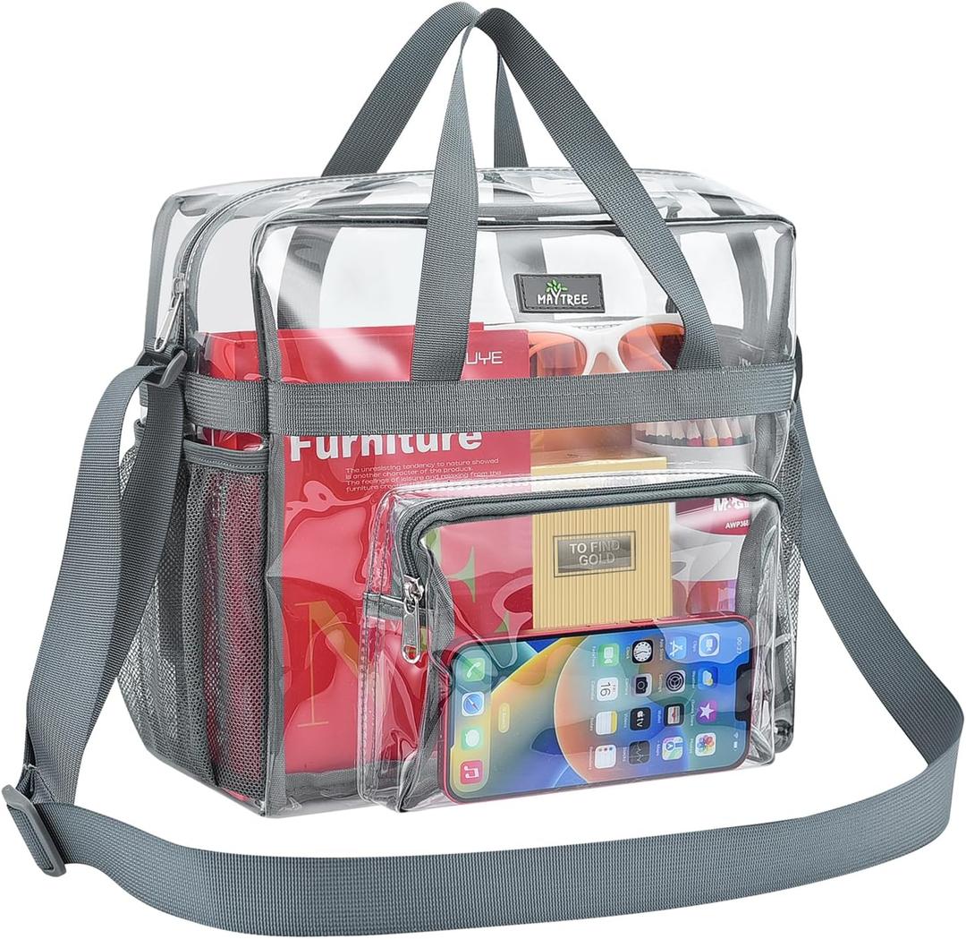 MAY TREE Clear Bag for Stadium Events 12612 Clear Tote Lunch Bag with Reinforced Straps for Work, Sporting Events and Gym, Grey