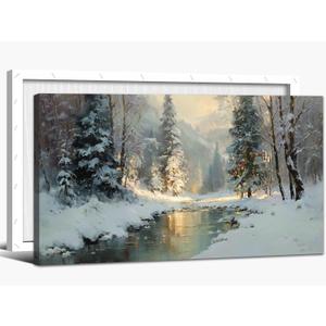 TEPAKIHI Winter Landscape Canvas Wall Art for Living Room Bedroom, Snowy Mountain River Nature Painting Framed Artwork Home Decor Ready to Hang (24x48 inches) (48L" x 24W")