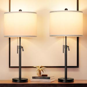 Black Table Lamps for Bedrooms Set of 2: 22" to 30" Height Adjustable Nightstand Lamps with White Linen Shade | Pull Chain Switch | Metal Base 3 Color Temperatures Included Beside Lamp (Black)