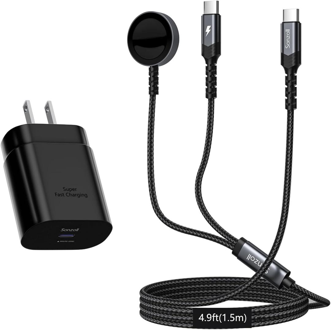 2 in 1 Samsung Watch Charger, 25W USB C Fast Charger with 5FT Charger Cable Compatible for Galaxy Watch Ultra 7/6/6 Classic/5 Pro/5/4 /3/Active2/1 and Galaxy S25/S24/S23/S22/S21/S20/S10/Note 10/9/8